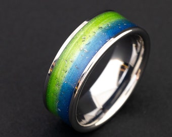 Real Meteorite Ring with pieces of Campo Del Cielo Meteorite Blue and Green