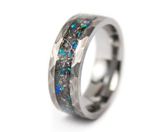 Hammered Tungsten Meteorite Ring: Real Opal Galaxy Band