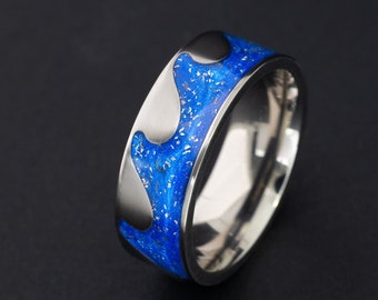Titanium Meteorite Ring Blue Wave Ring