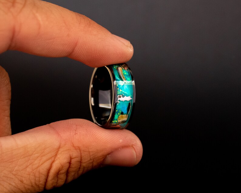 Megalodon Tooth & Meteorite Ring: Opal Glow Ceramic Band image 7