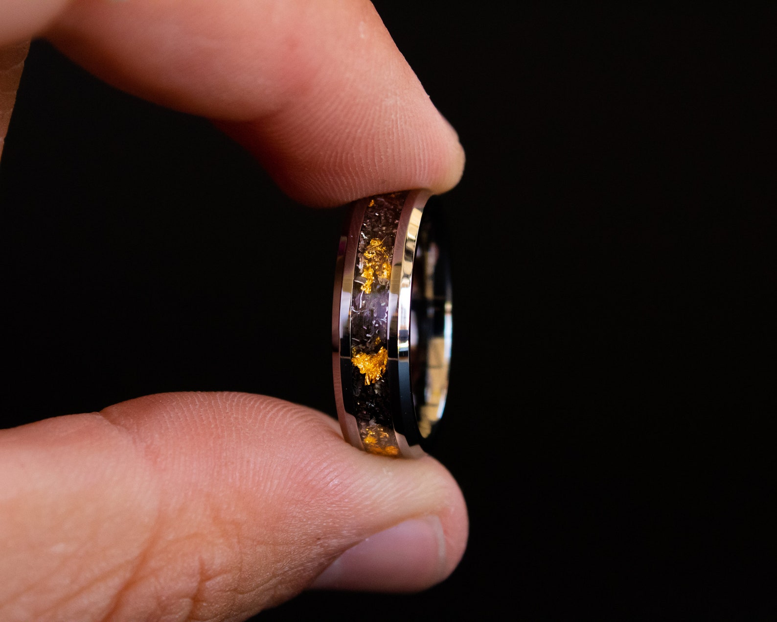 Tungsten Meteorite Ring With 24K Gold Thin Meteorite Ring Etsy