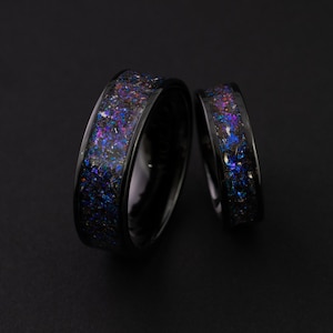 Couples Meteorite Wedding Rings, Couples Galaxy Ring Set made with real meteorite, Ceramic Couple Rings