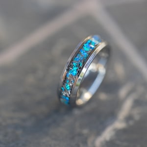 Tungsten Meteorite Ring: Real Meteorite & Blue Opal Wedding Band (6mm)