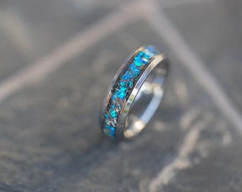 Tungsten Meteorite Ring: Real Meteorite & Blue Opal Wedding Band (6mm)