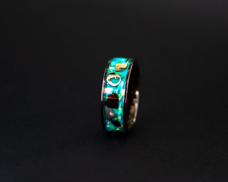 Megalodon Tooth & Meteorite Ring: Opal Glow Ceramic Band image 5