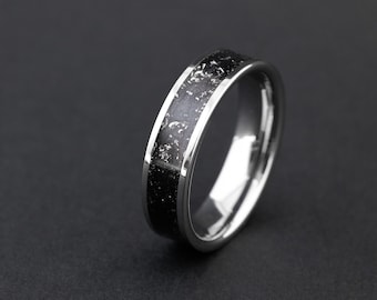 Black Meteorite Galaxy Ring with Stardust