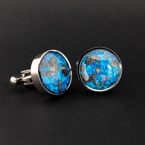 Lunar Meteorite Titanium Cufflinks with Blue Opal - Elegant Gift for Men Custom Wedding Cufflinks