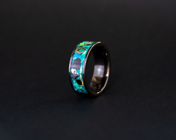 Megalodon Tooth & Meteorite Ring: Opal Glow Ceramic Band