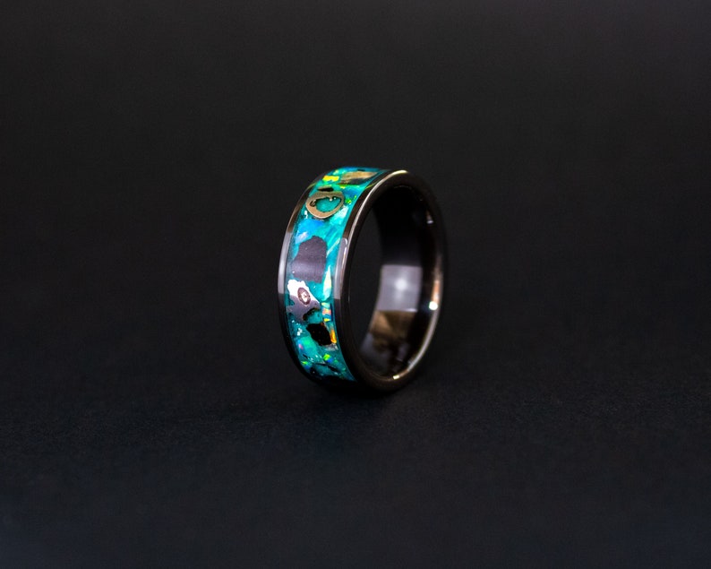Megalodon Tooth & Meteorite Ring: Opal Glow Ceramic Band image 1