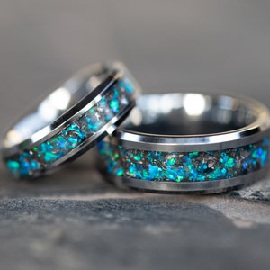 Couples Meteorite Wedding Rings, Couples Meteorite Wedding Bands Blue Opal and Tungsten Bands
