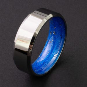 Men’s Silver Tungsten Band with Blue Resin and Real Meteorite Inlay, Unique Wedding Ring, Cosmic Inspired Jewelry
