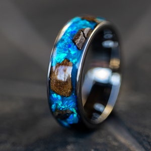 Lunar Meteorite and T-Rex Ring, Mens Lunar Meteorite Ring with T-Rex Dinosaur Bone Blue Tungsten