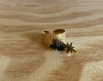 Adjustable gold stainless steel ring with star charm and black stone, adjustable stainless steel ring with stone