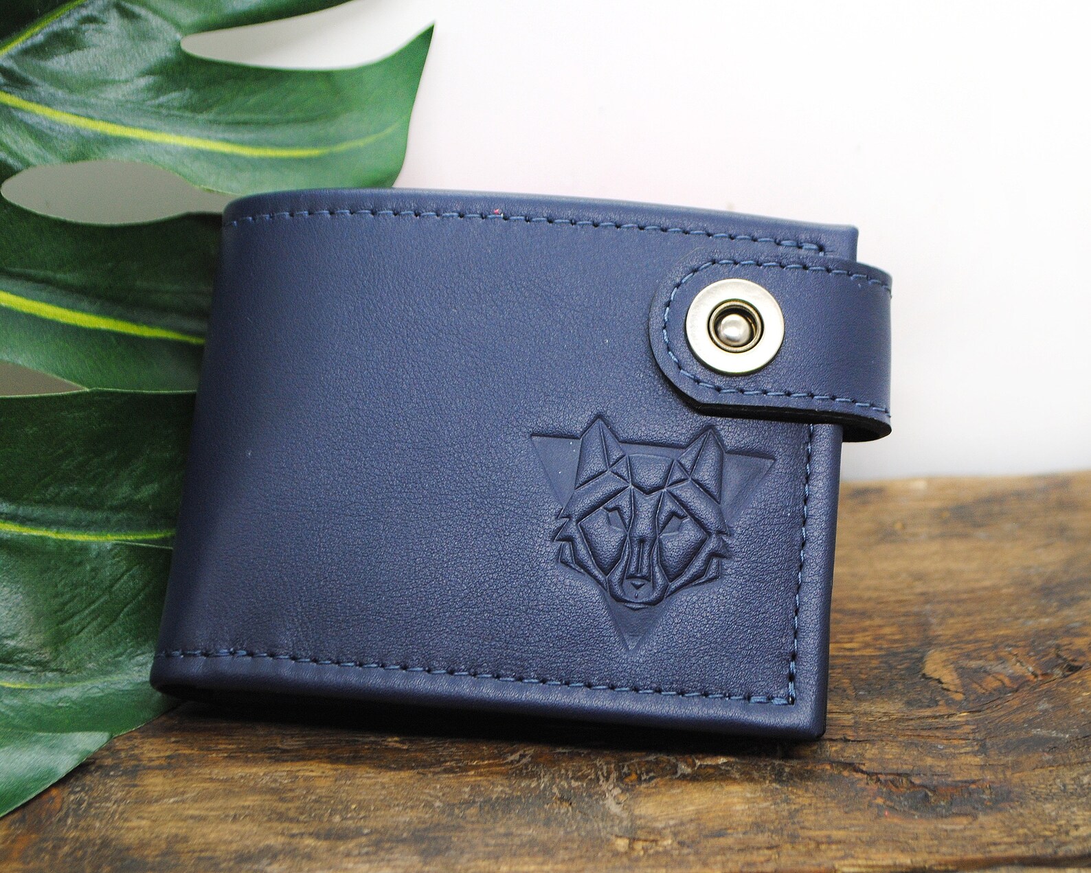 Navy blue trifold leather wallet for men With coin pocket Etsy
