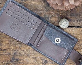 Gray crocodile embossed leather wallet for men, Classic leather wallet with coin pocket, Money wallet, Leather men's wallet, Gift for men
