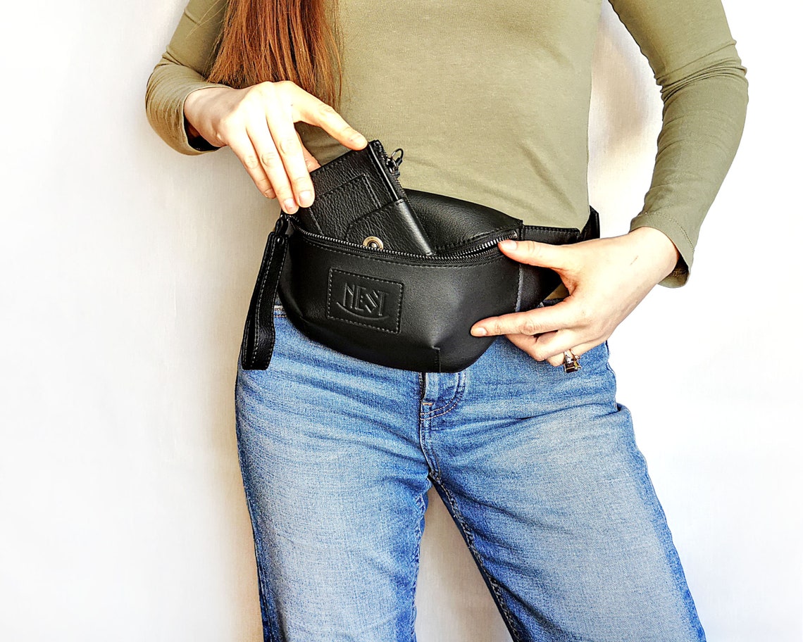 Black leather belt bag for women Leather bum bag Hip bag for Etsy