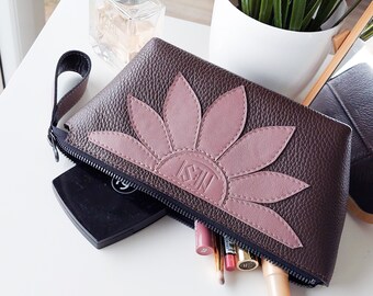 Leather makeup bag for women, cosmetic bag, women's toiletry bag, cosmetic pouch with zipper, small clutch bag with flower, gift for her