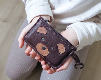 Bear zipper pouch, little coin purse, mini leather purse, cute keychain wallet, kids coin purse, gift for girls, gift for boys, gift for her
