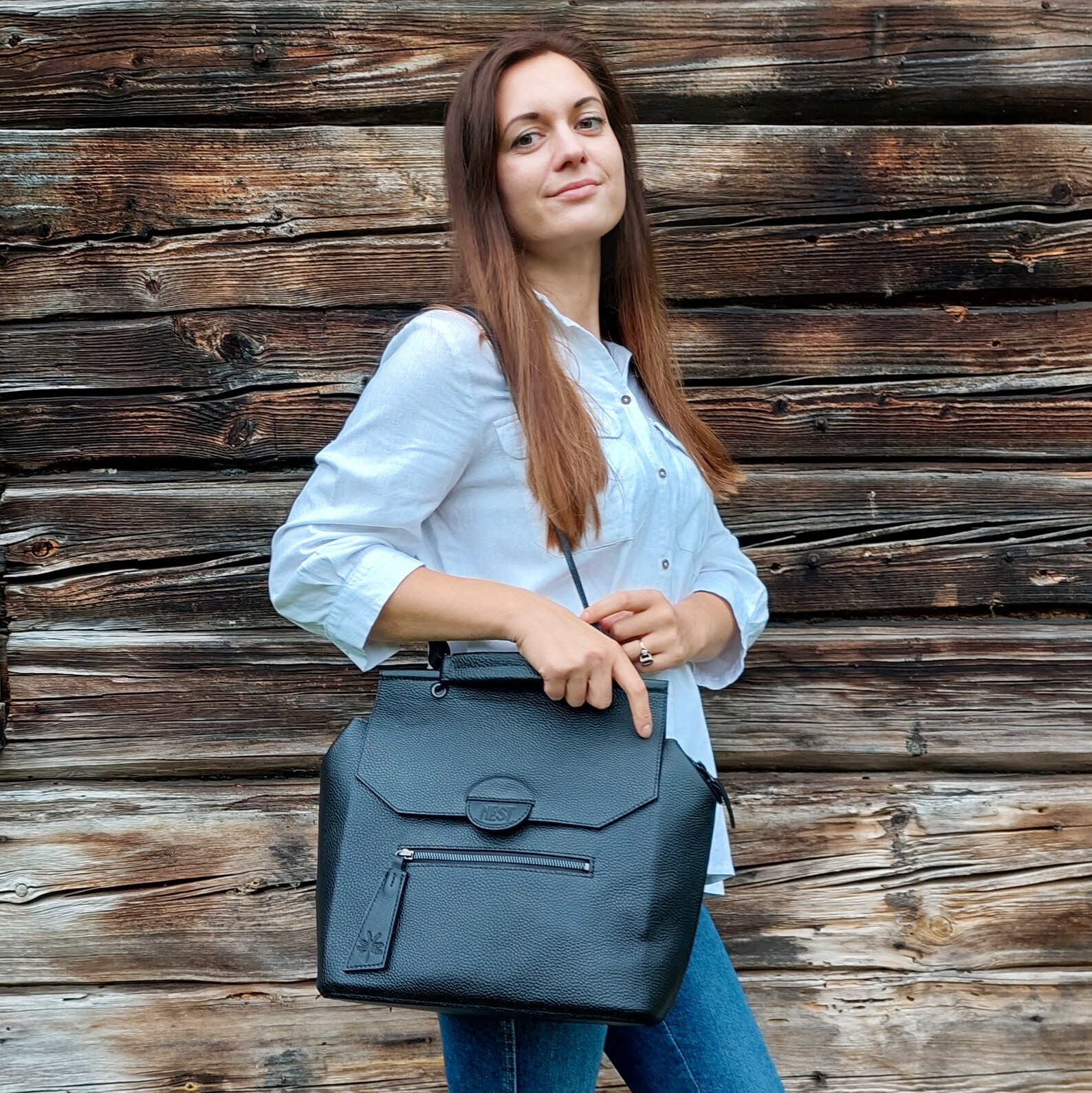 Black Leather Everyday Bag, Office Shoulder Bag, Top Handle Bag, Large Handbag With Zipper