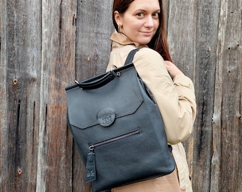 Black leather backpack for women, Women's back pack, Everyday backpack for office, Bags for women, Backpack tote, Leather rucksack for her