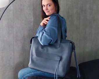 Sac à bandoulière en cuir bleu pour femme, grand sac de tous les jours, sac en cuir élégant, sac à main en cuir bleu, sac de travail unique, sac à franges en cuir