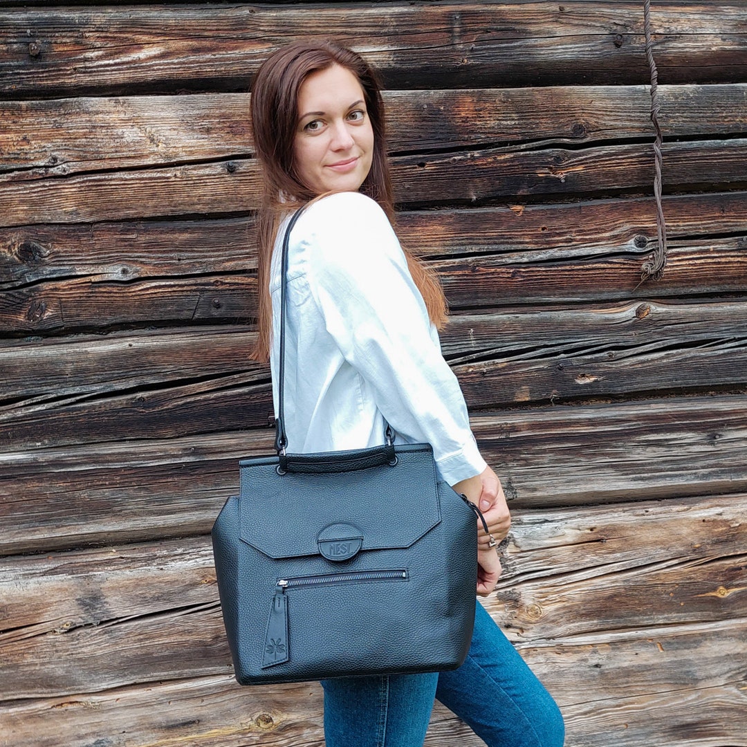 Black Leather Everyday Bag, Office Shoulder Bag, Top Handle Bag, Large Handbag With Zipper