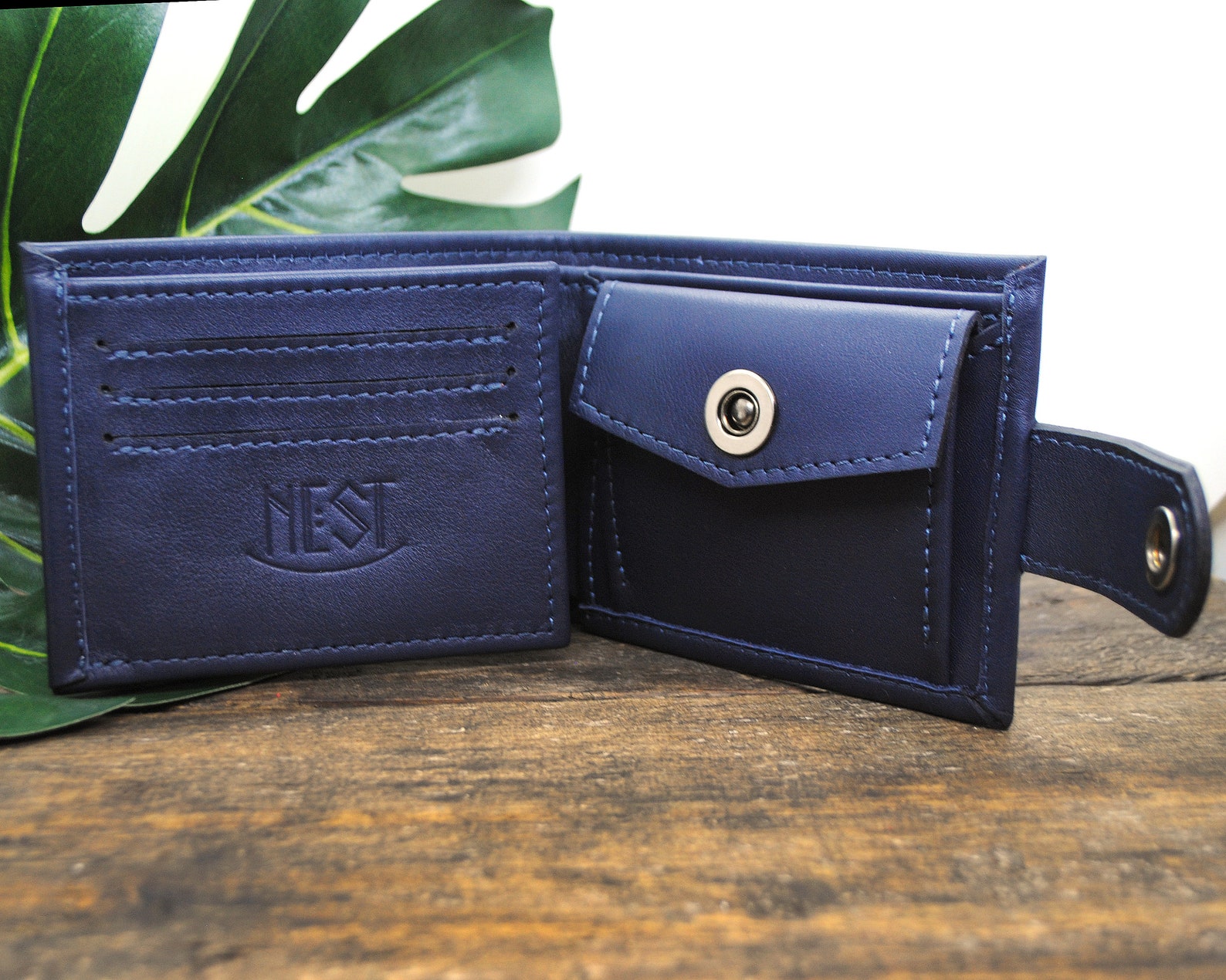 Navy blue trifold leather wallet for men With coin pocket Etsy