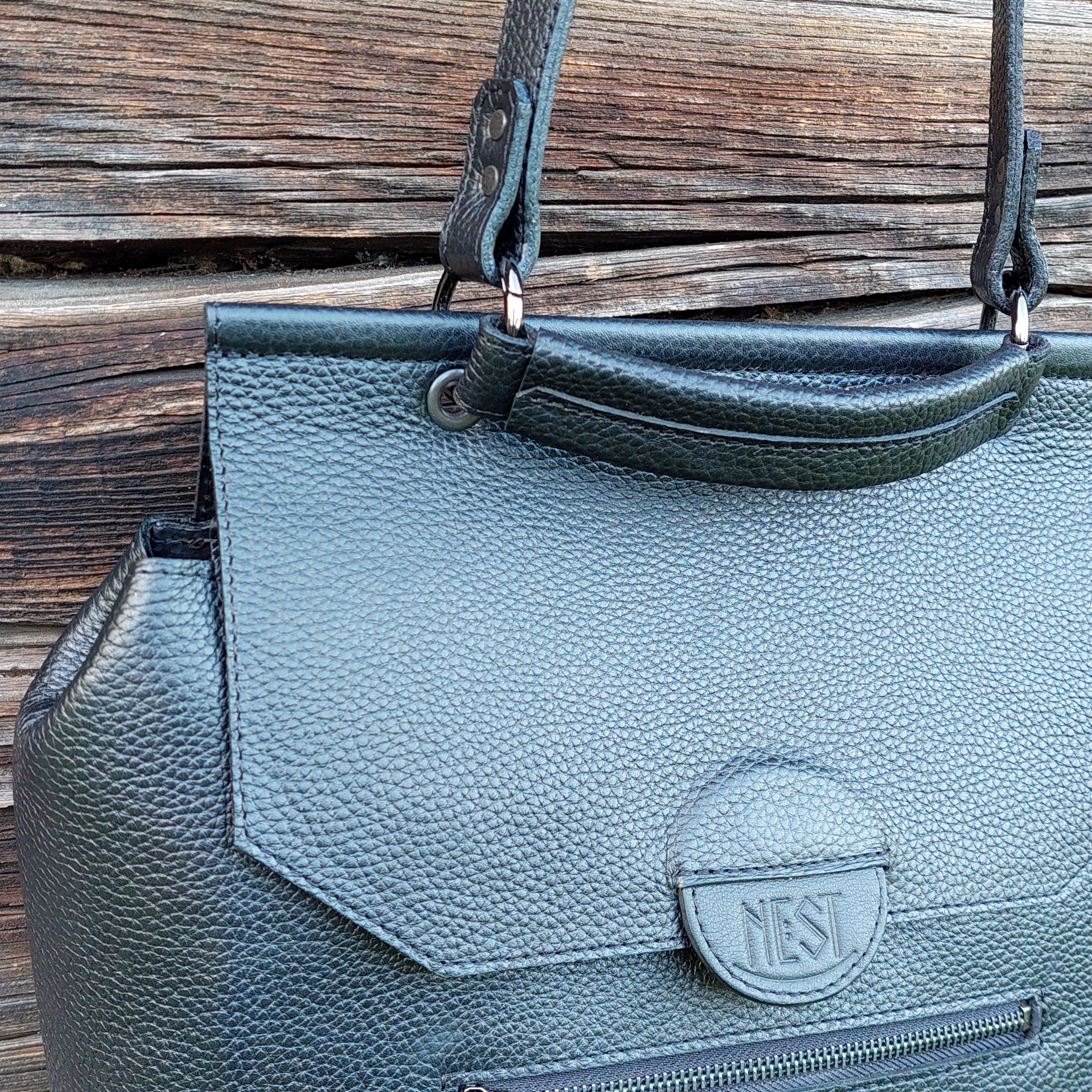 Black Leather Everyday Bag, Office Shoulder Bag, Top Handle Bag, Large Handbag With Zipper