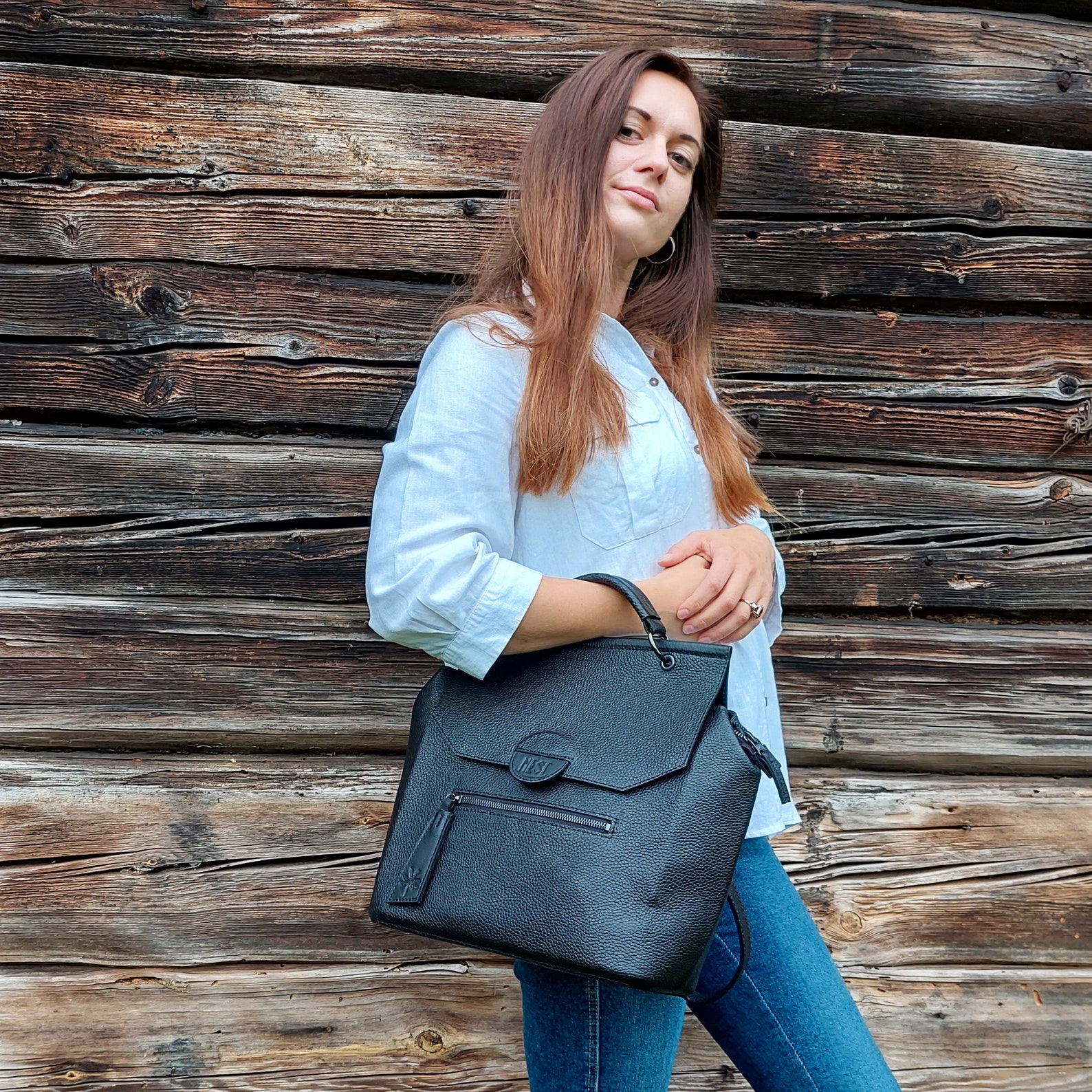 Black Leather Everyday Bag, Office Shoulder Bag, Top Handle Bag, Large Handbag With Zipper