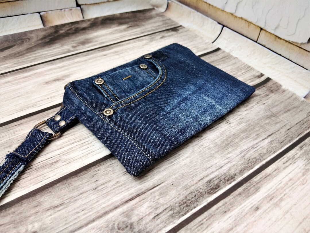 Recycled Jeans Wristlet Purse Small Denim Zipper Bag for Cell Etsy