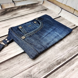 Bolso de pulsera de jeans reciclados, bolso pequeño con cremallera de mezclilla para teléfono celular, embrague de mezclilla reciclado, billetera ecológica, bolso hipster boho de mezclilla