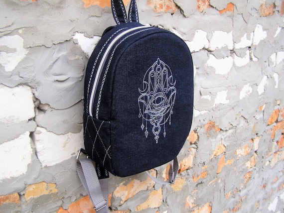 Navy Blue Embroidered Backpack Embroidered Backpack in Navy Blue | Holderness & Bourne main image 2