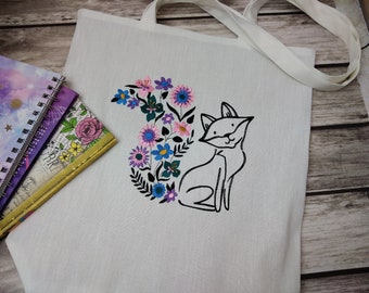 Embroidered Fox Linen Tote Bag: Reusable Grocery Shoulder Bag
