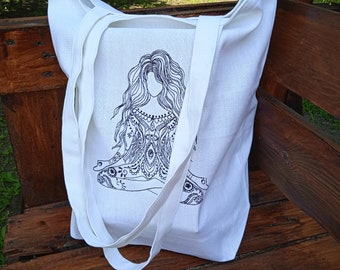Linen tote bag with embroidered, Reusable grocery bag,  Yoga bag.
