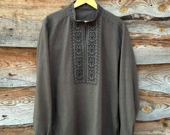Ukrainian linen embroidered shirt, Ukrainian vyshyvanka, Ethnic sorochka gift for men, Ukrainian Man Vyshyvanka in military style.