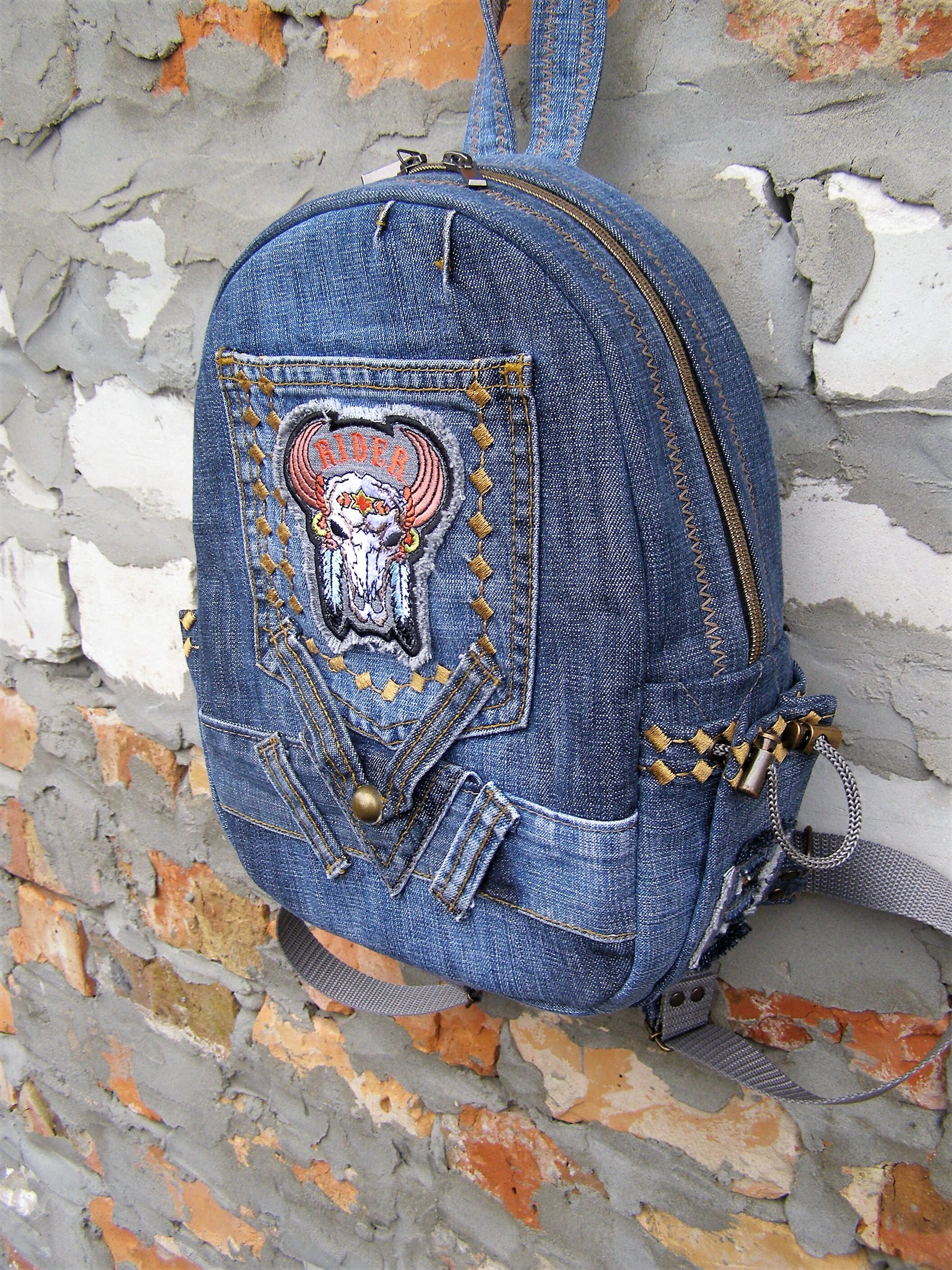 Jeans urban mini backpack with patch Designer stylish | Etsy