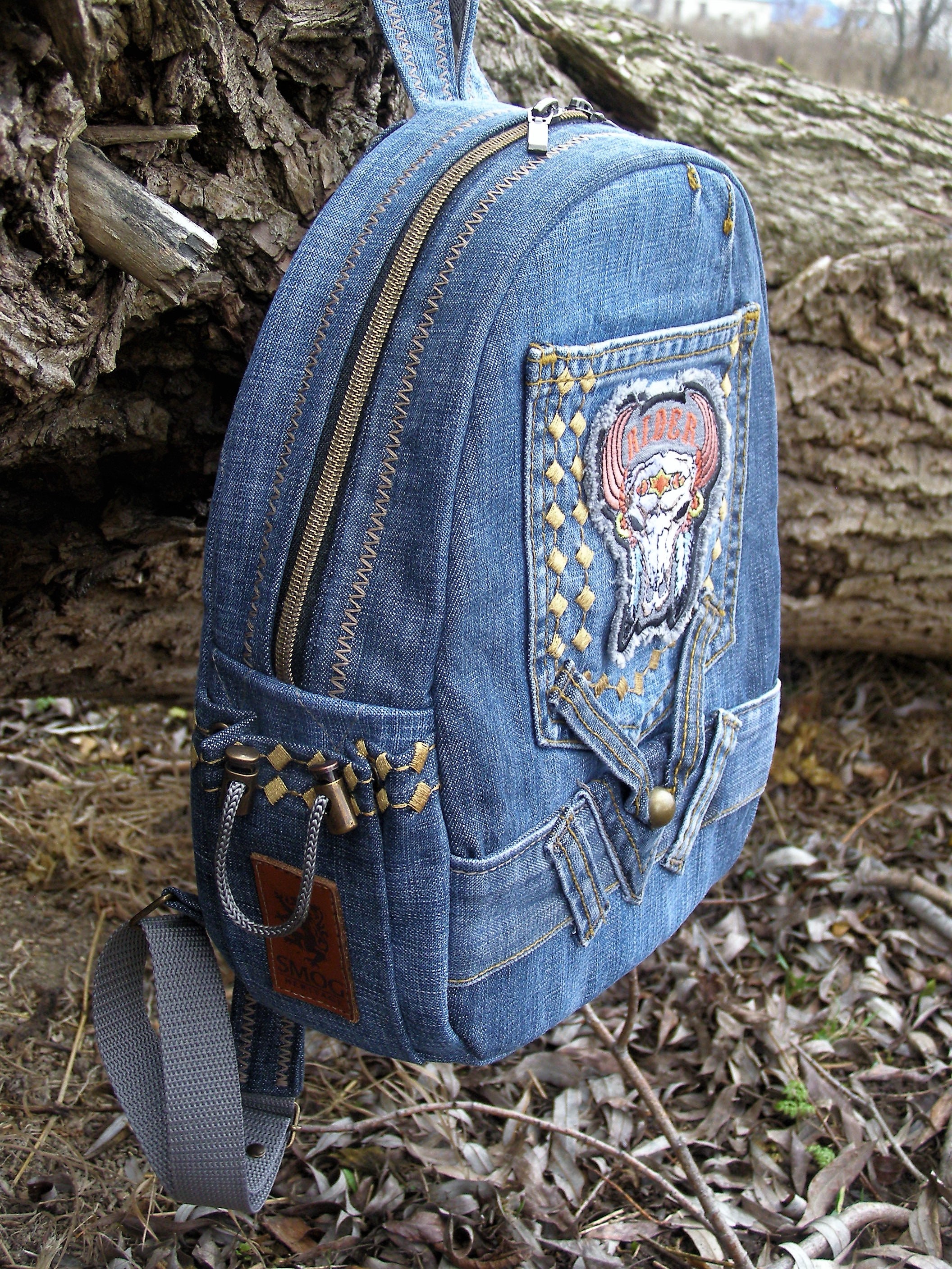 Jeans urban mini backpack with patch Designer stylish Etsy