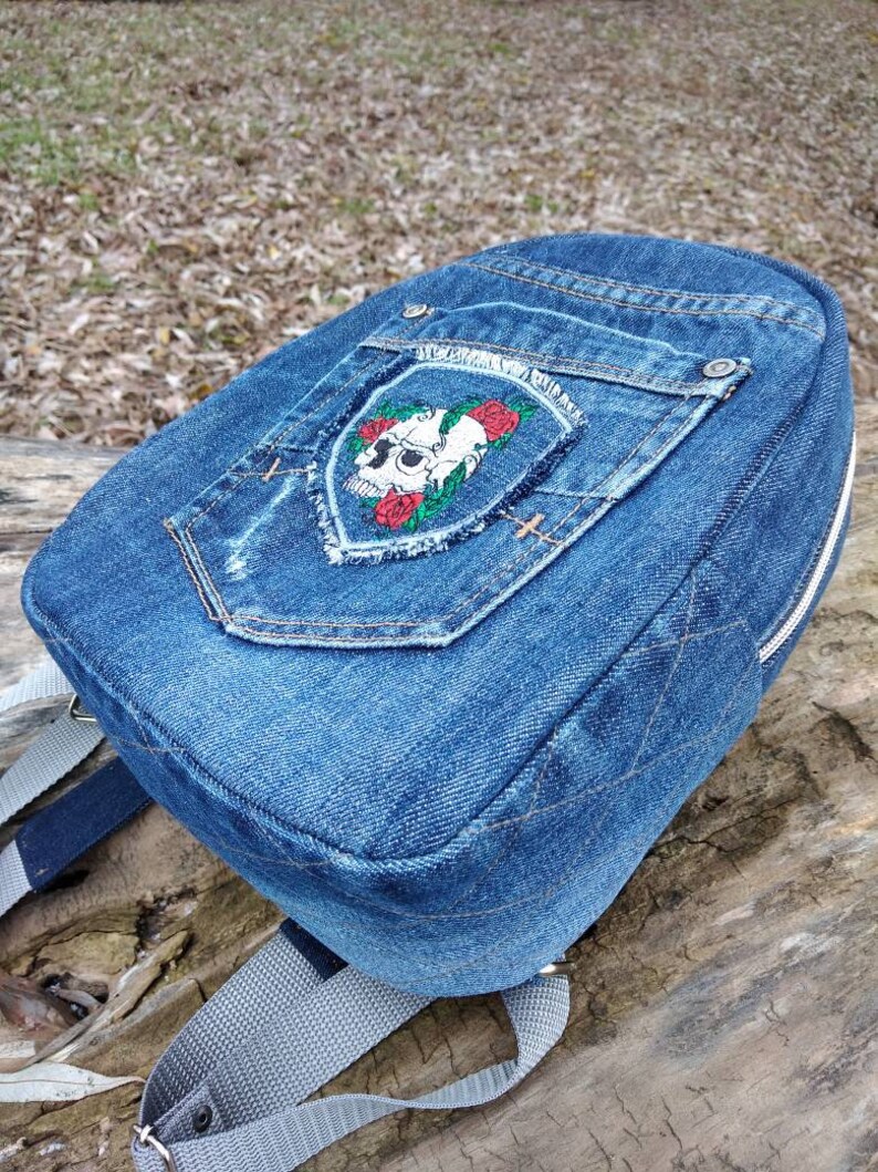 Mini Denim Backpack With Patch Skull Designer Jeans Rucksack Etsy