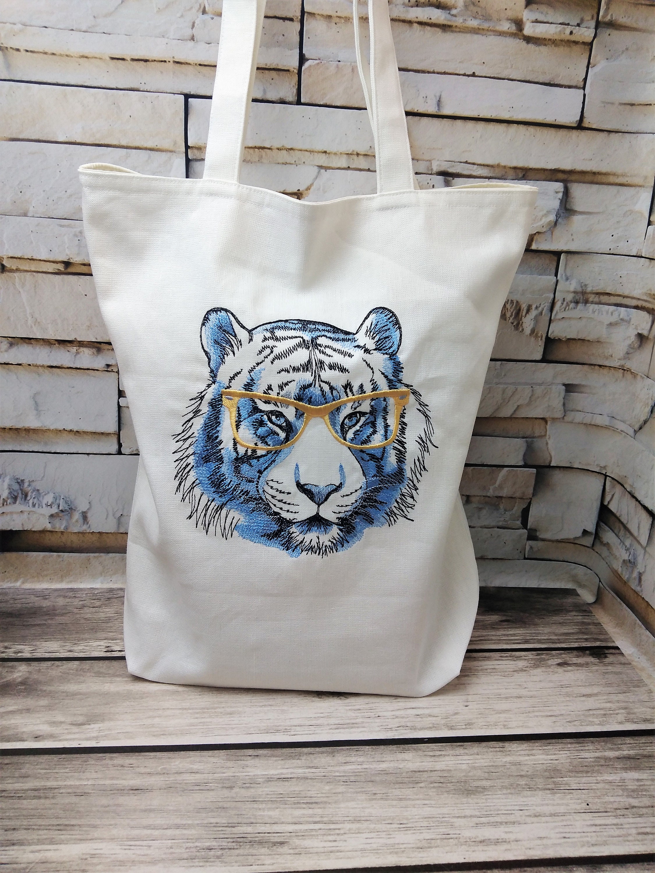 虎刺繍リネントートバッグ：裏地付きショルダーバッグ - Etsy 日本