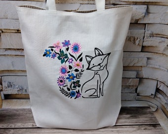 Embroidered Fox Linen Tote Bag: Lined Shoulder Bag