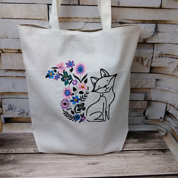 White linen tote bag with embroidered fox,  Lined shoulder bag, Beach bag.