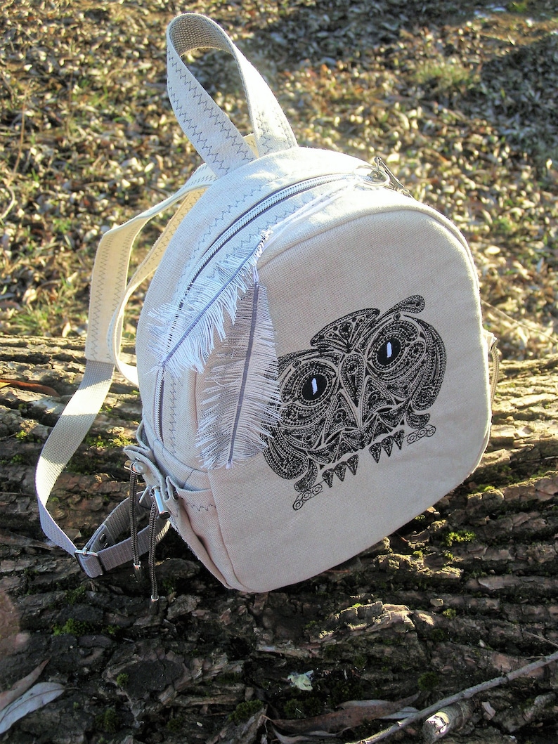Mini backpack with embroidered owl Linen embroidered backpack Etsy