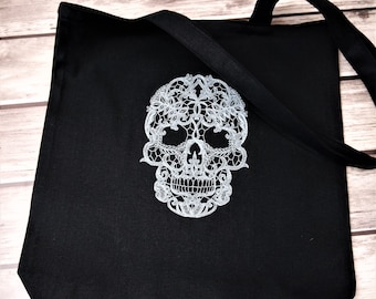 Borsa tote in lino nero: borsa della spesa riutilizzabile con teschio ricamato