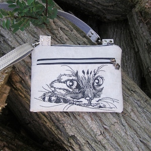 Bolsa de tela Crossbody con bordado de gato, bolsa de cadera con cremallera de lino para teléfono celular, bolso pequeño de correa larga, bolso blanco y negro.