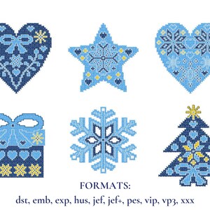 May include: Six blue and yellow Christmas ornaments in the shape of a heart, star, snowflake, gift box, and Christmas tree. The text "FORMATS: dst, emb, exp, hus, jef, jef+, pes, vip, vp3, xxx" is below the ornaments.