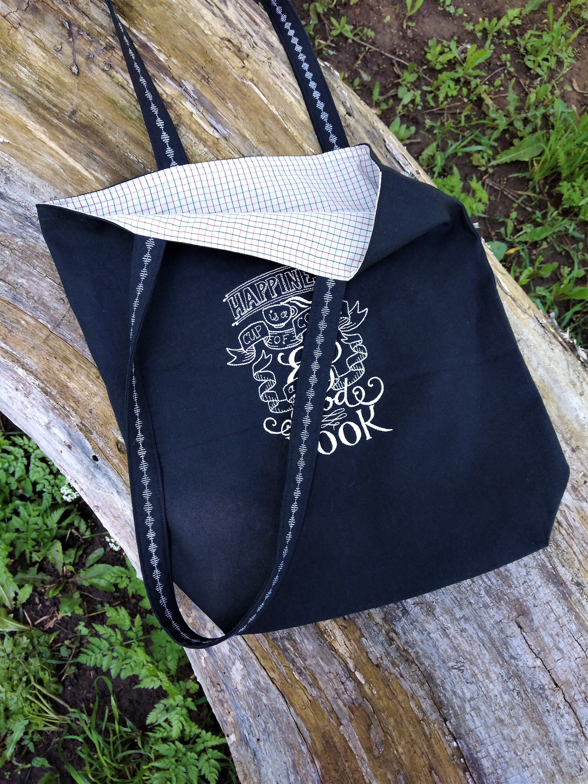 Black Canvas Tote Bag With Embroidered Sturdy Shopping Bag Etsy UK