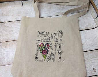 リネン刺繍トートバッグ、再利用可能な食料品バッグ