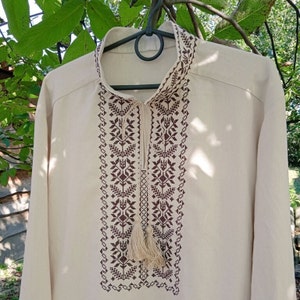 Ukrainian linen embroidered shirt, Ukrainian vyshyvanka, Ethnic sorochka gift for men, Ukrainian Man Vyshyvanka in military style.