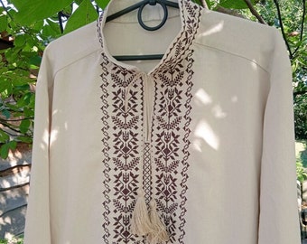 Ukrainian linen embroidered shirt, Ukrainian vyshyvanka, Ethnic sorochka gift for men, Ukrainian Man Vyshyvanka in military style.