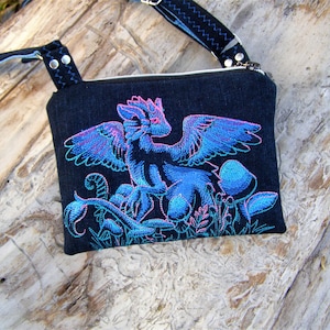 Monedero con dragón bordado, Mini Bolso Jeans para adolescente, Cartera denim para celular, Monedero pequeño de viaje tipo bandolera.